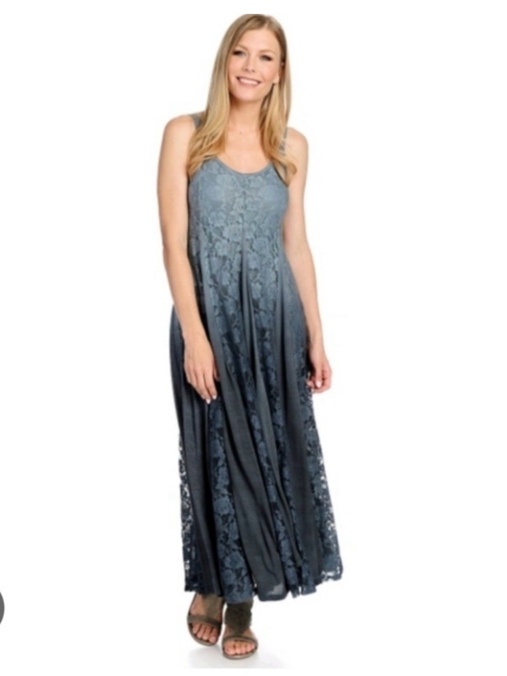Indigo Thread Co. Lace Overlay Maxi Dress in Slate Blue